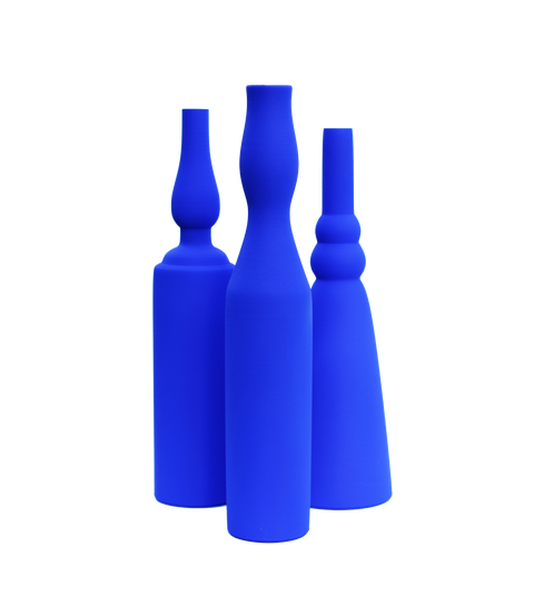 International Klein Blue vase set — three Morandi silhouettes in Yves Klein's ultramarine