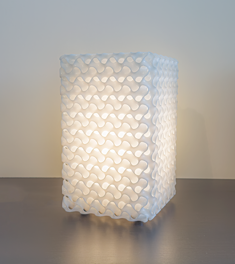Schwarz Minimal Surface #1 table lamp — 3D-printed minimal-surface lattice in white EcoLux resin