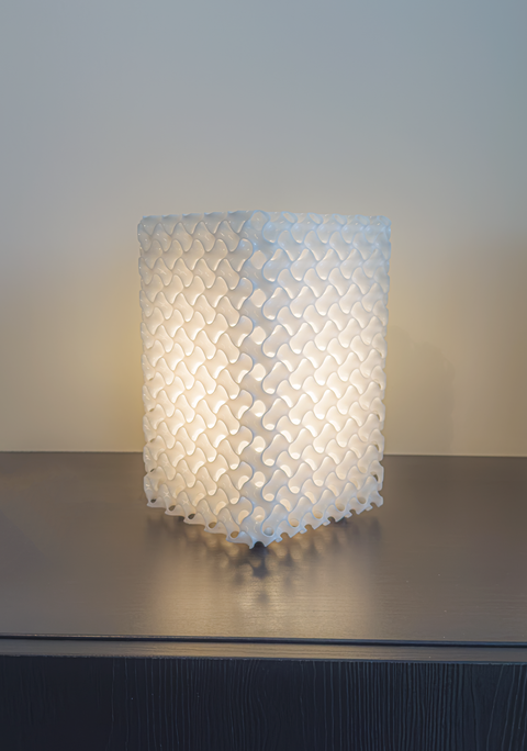 Schwarz Minimal Surface #1 table lamp — 3D-printed minimal-surface lattice in white EcoLux resin