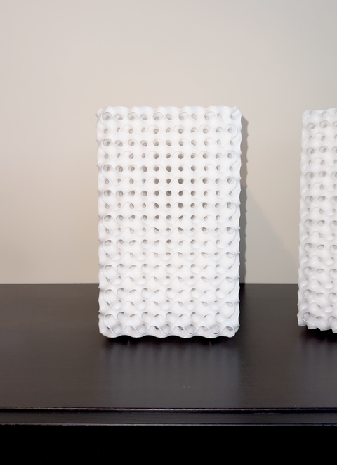 Schwarz Minimal Surface #1 table lamp — 3D-printed minimal-surface lattice in white EcoLux resin