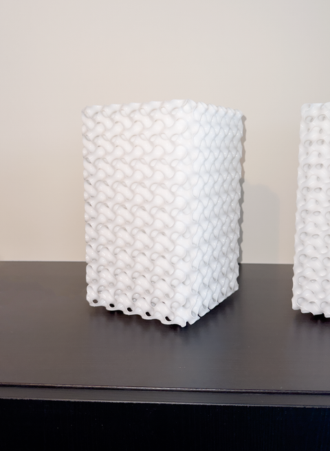 Schwarz Minimal Surface #1 unlit — glossy white minimal-surface lattice block, geometry at rest