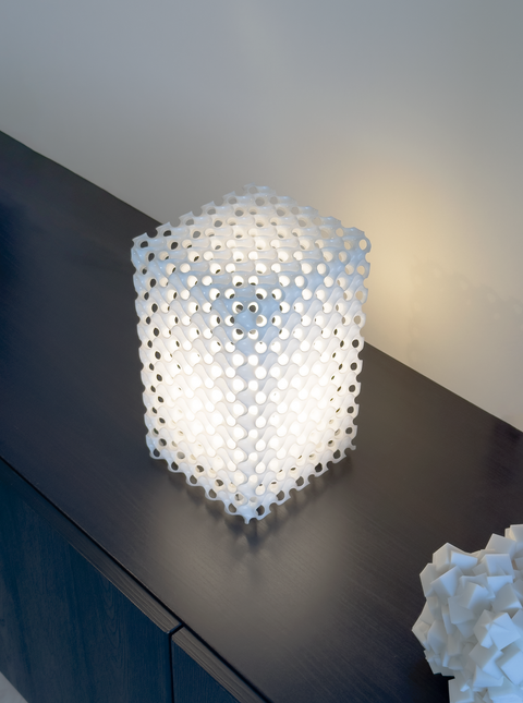 Schwarz Minimal Surface #1 table lamp — 3D-printed minimal-surface lattice in white EcoLux resin